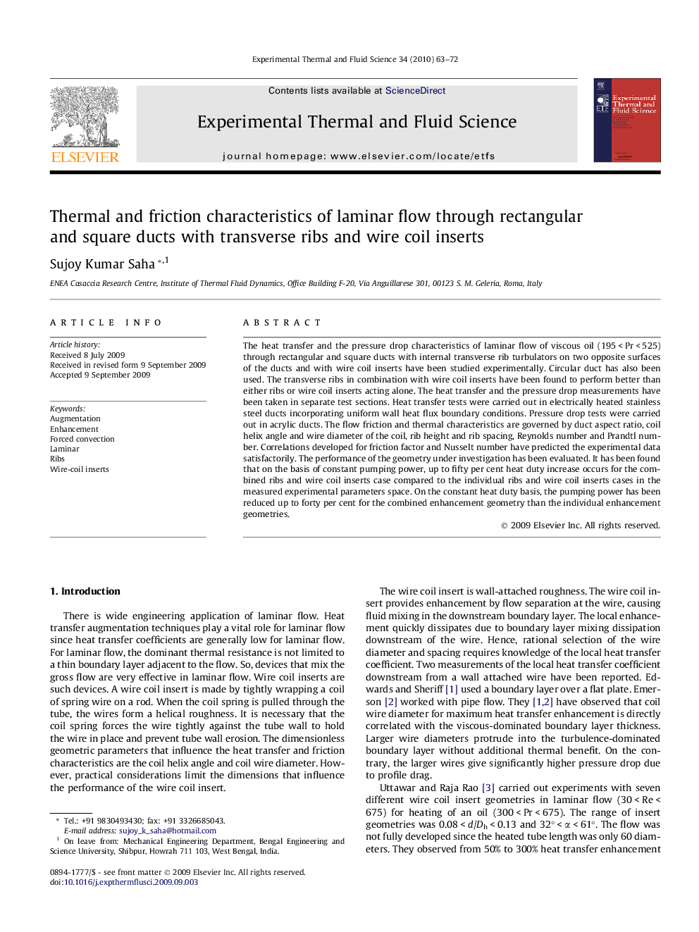 Thermal and friction characteristics of laminar flow through rectangular and square ducts with transverse ribs and wire coil inserts