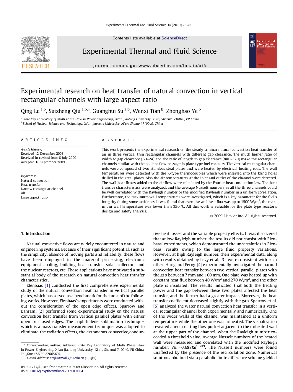 Experimental research on heat transfer of natural convection in vertical rectangular channels with large aspect ratio