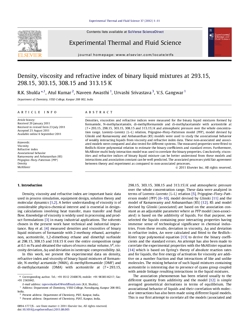 Density, viscosity and refractive index of binary liquid mixtures at 293.15, 298.15, 303.15, 308.15 and 313.15Â K