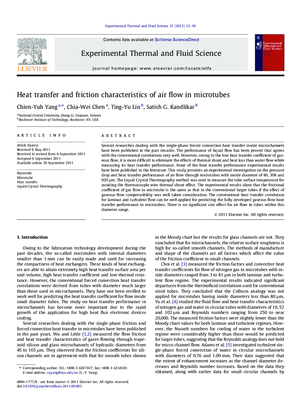 Heat transfer and friction characteristics of air flow in microtubes