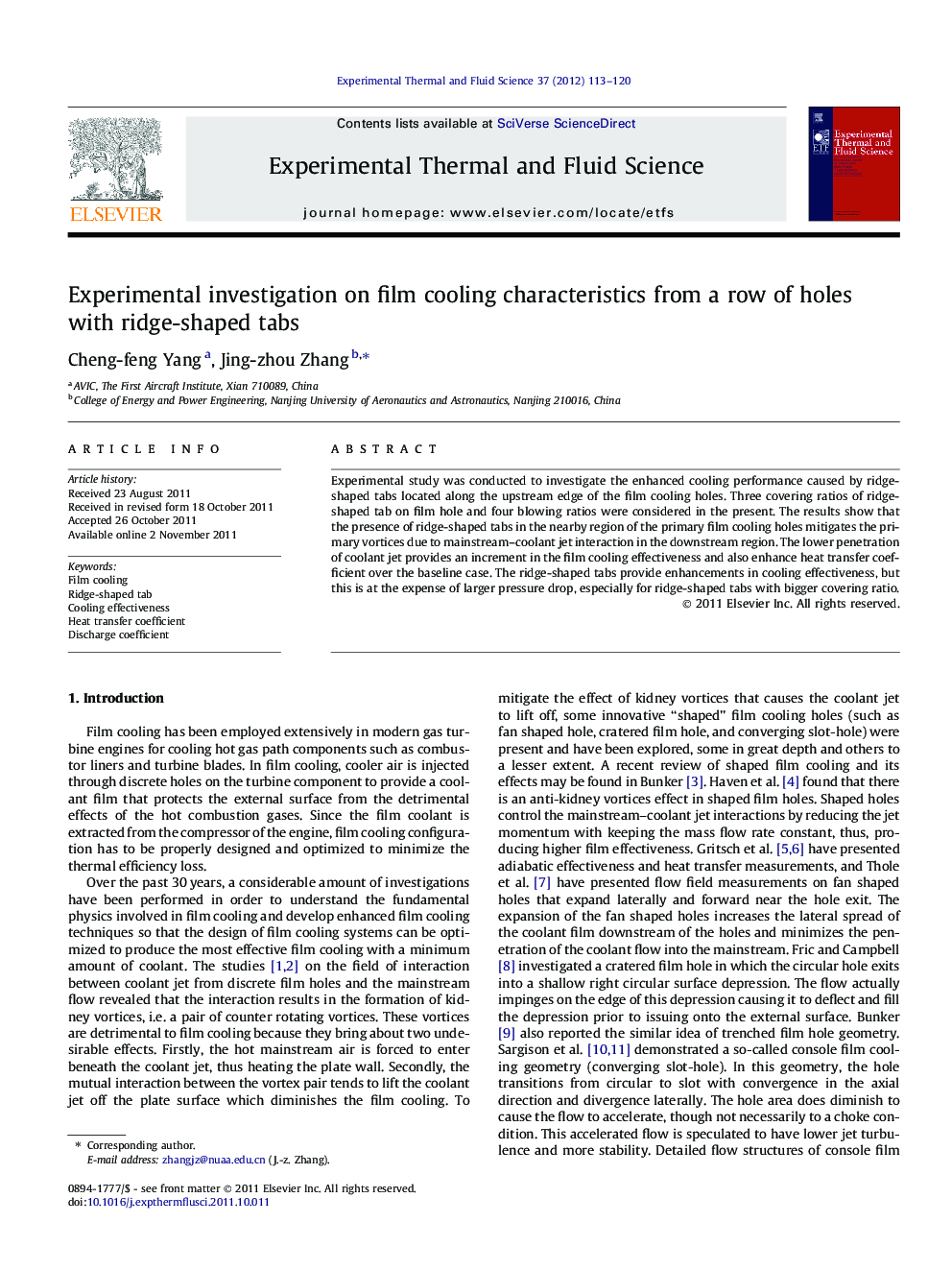 Experimental investigation on film cooling characteristics from a row of holes with ridge-shaped tabs