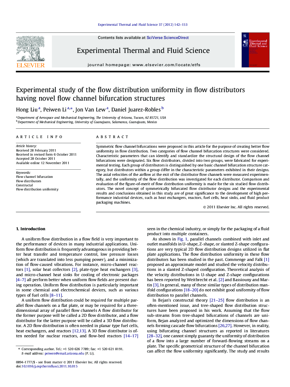 Experimental study of the flow distribution uniformity in flow distributors having novel flow channel bifurcation structures