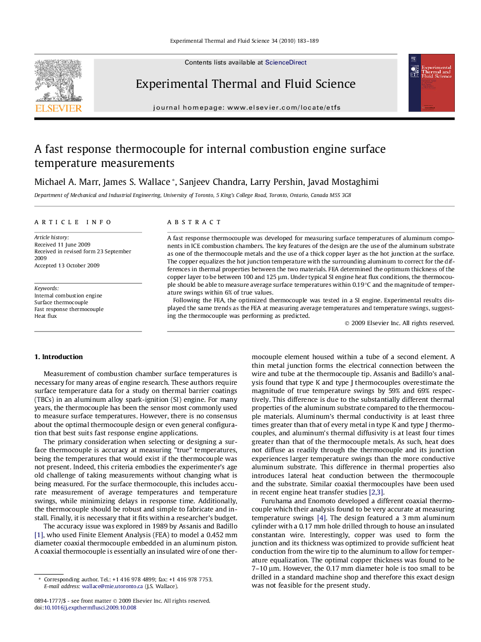 A fast response thermocouple for internal combustion engine surface temperature measurements