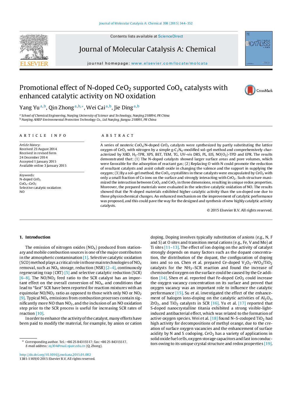 Promotional effect of N-doped CeO2 supported CoOx catalysts with enhanced catalytic activity on NO oxidation