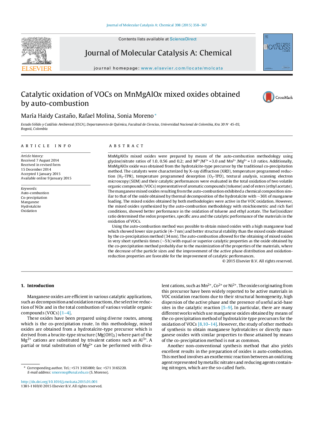 Catalytic oxidation of VOCs on MnMgAlOx mixed oxides obtained by auto-combustion