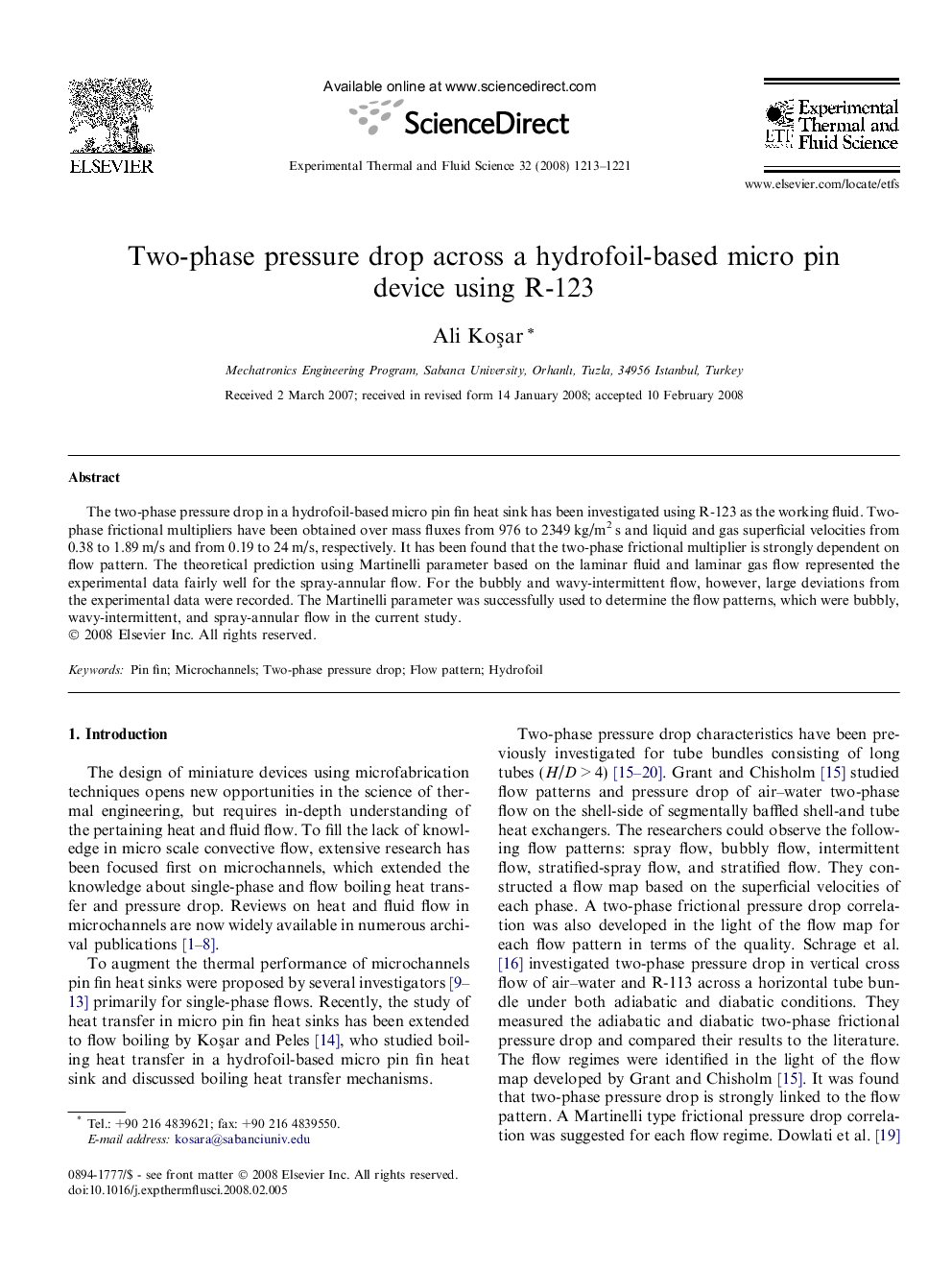 Two-phase pressure drop across a hydrofoil-based micro pin device using R-123