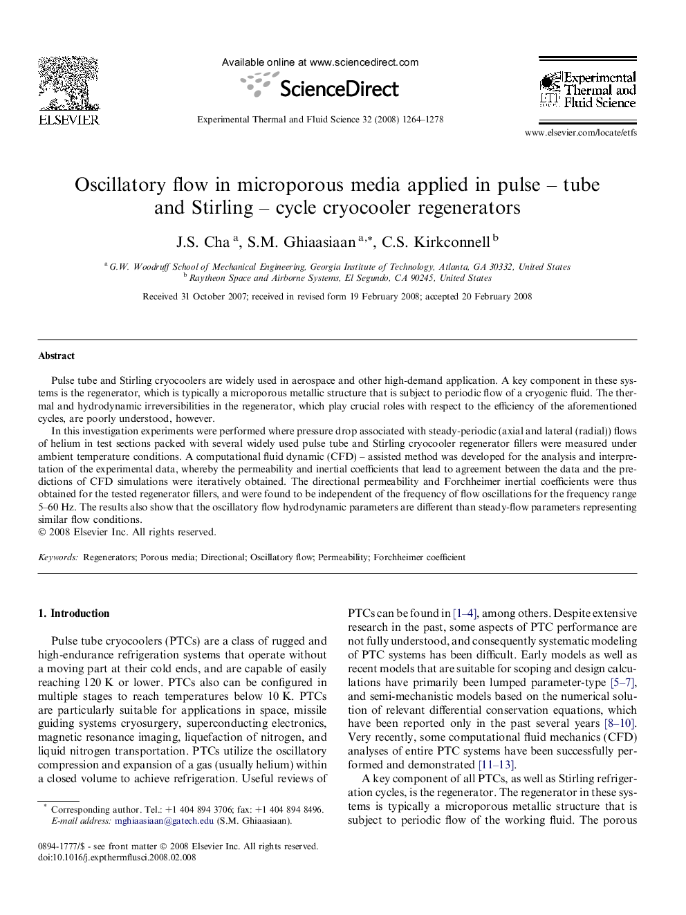 Oscillatory flow in microporous media applied in pulse – tube and Stirling – cycle cryocooler regenerators