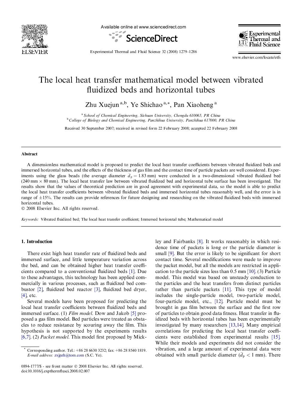 The local heat transfer mathematical model between vibrated fluidized beds and horizontal tubes