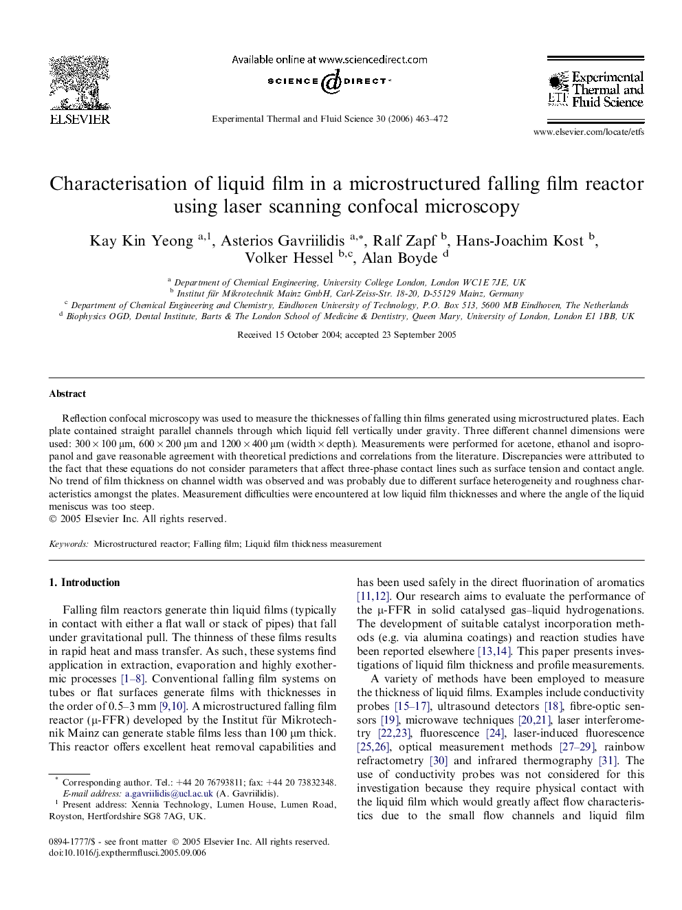 Characterisation of liquid film in a microstructured falling film reactor using laser scanning confocal microscopy