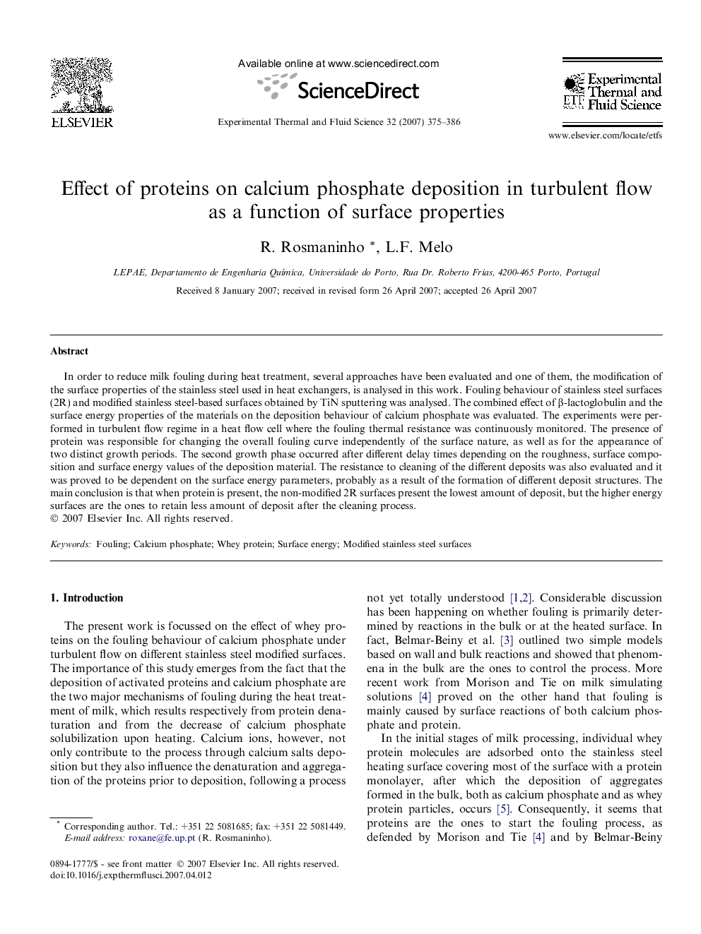 Effect of proteins on calcium phosphate deposition in turbulent flow as a function of surface properties