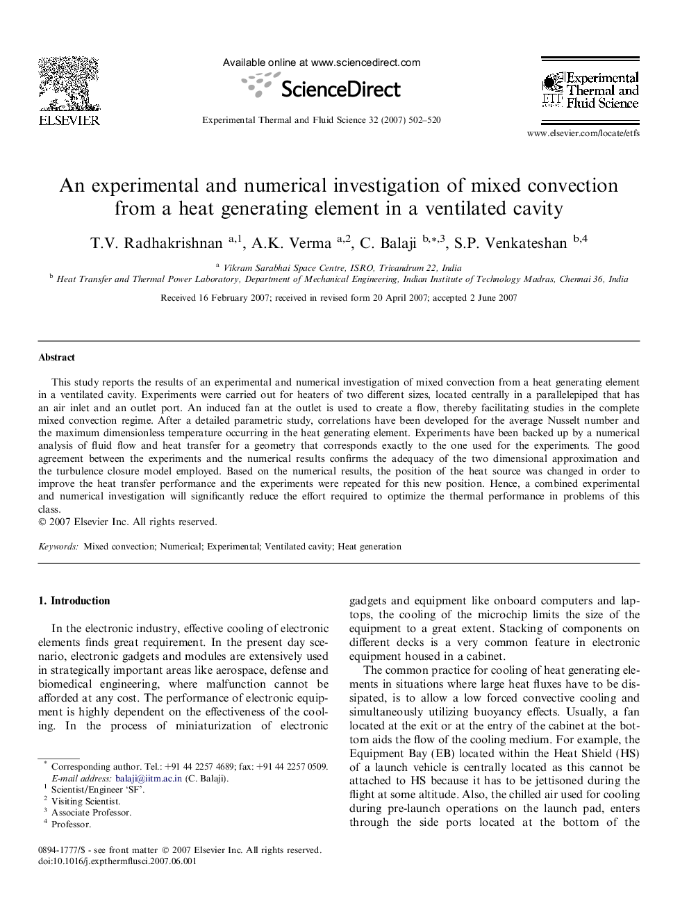 An experimental and numerical investigation of mixed convection from a heat generating element in a ventilated cavity