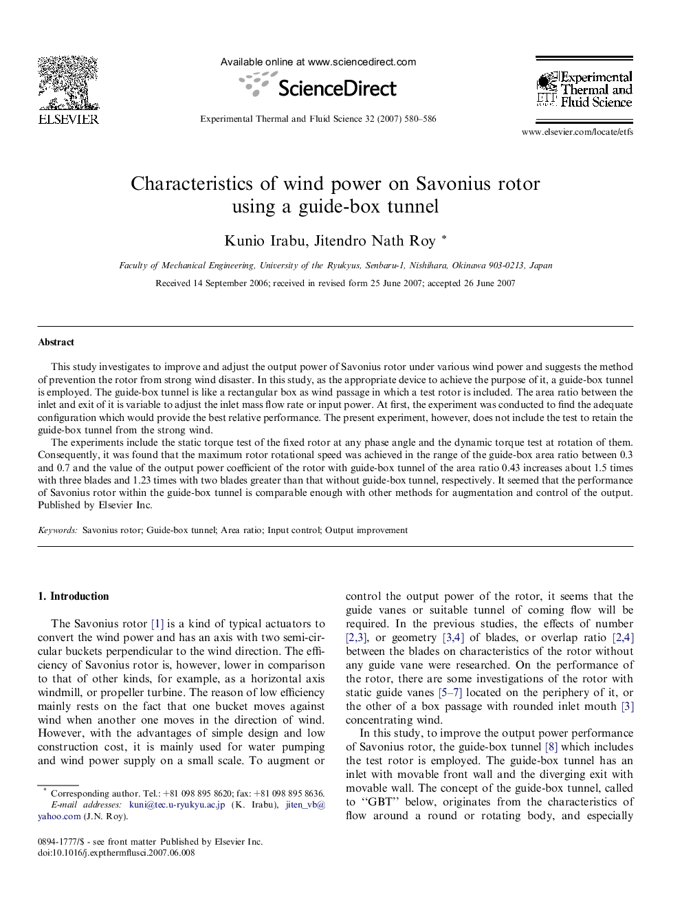 Characteristics of wind power on Savonius rotor using a guide-box tunnel