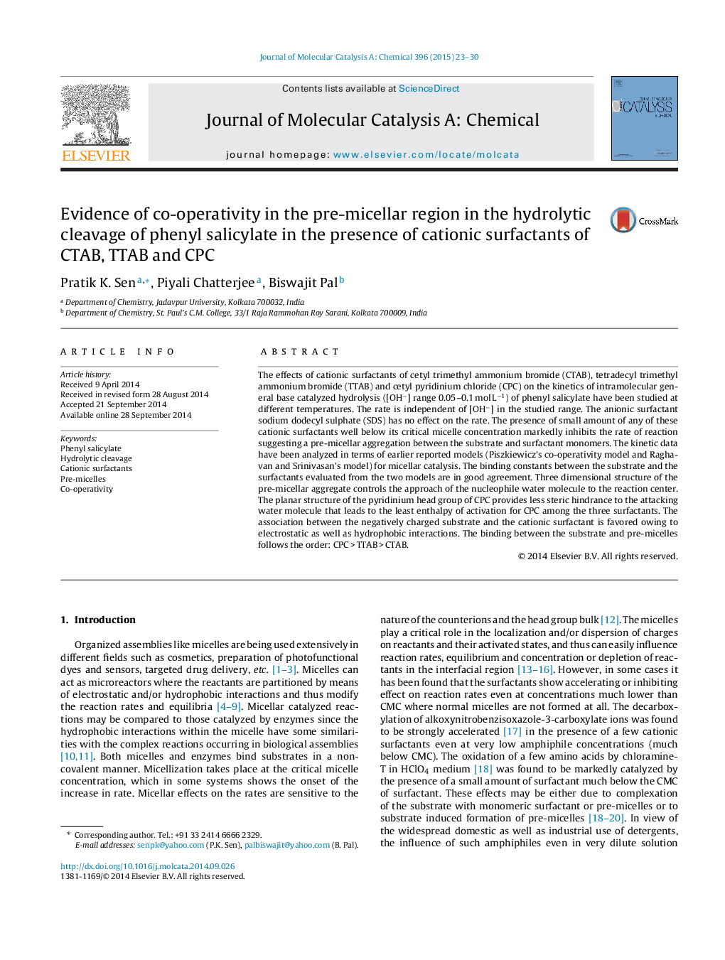 Evidence of co-operativity in the pre-micellar region in the hydrolytic cleavage of phenyl salicylate in the presence of cationic surfactants of CTAB, TTAB and CPC