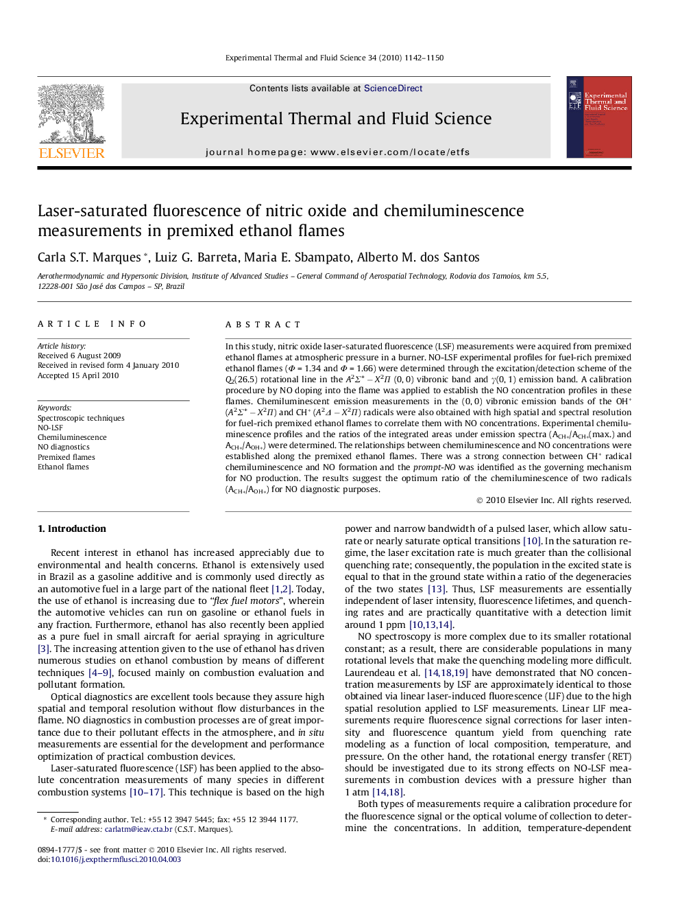 Laser-saturated fluorescence of nitric oxide and chemiluminescence measurements in premixed ethanol flames