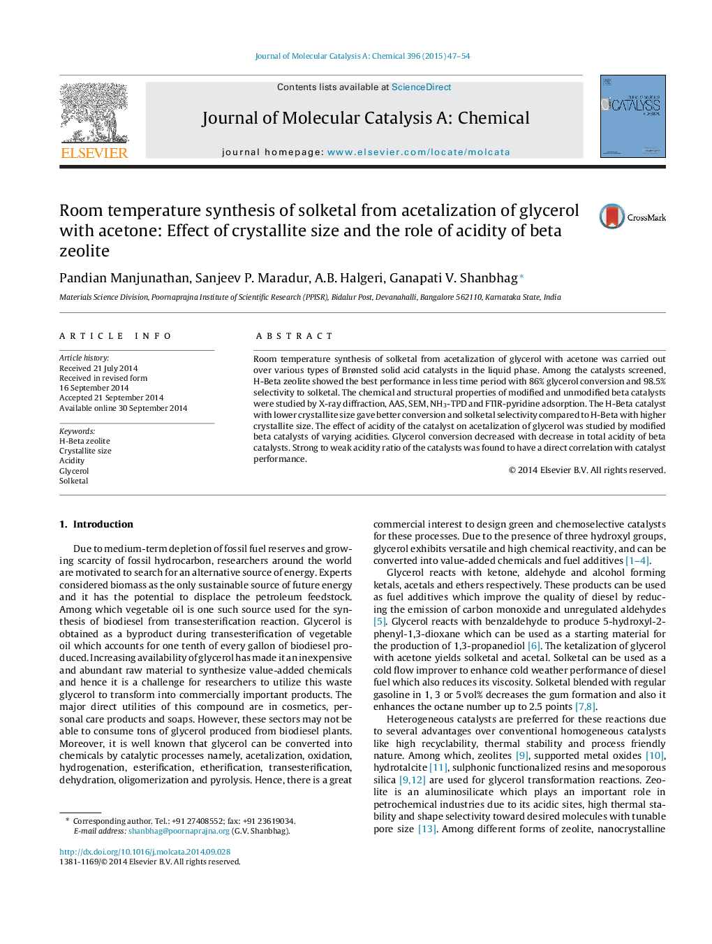 Room temperature synthesis of solketal from acetalization of glycerol with acetone: Effect of crystallite size and the role of acidity of beta zeolite