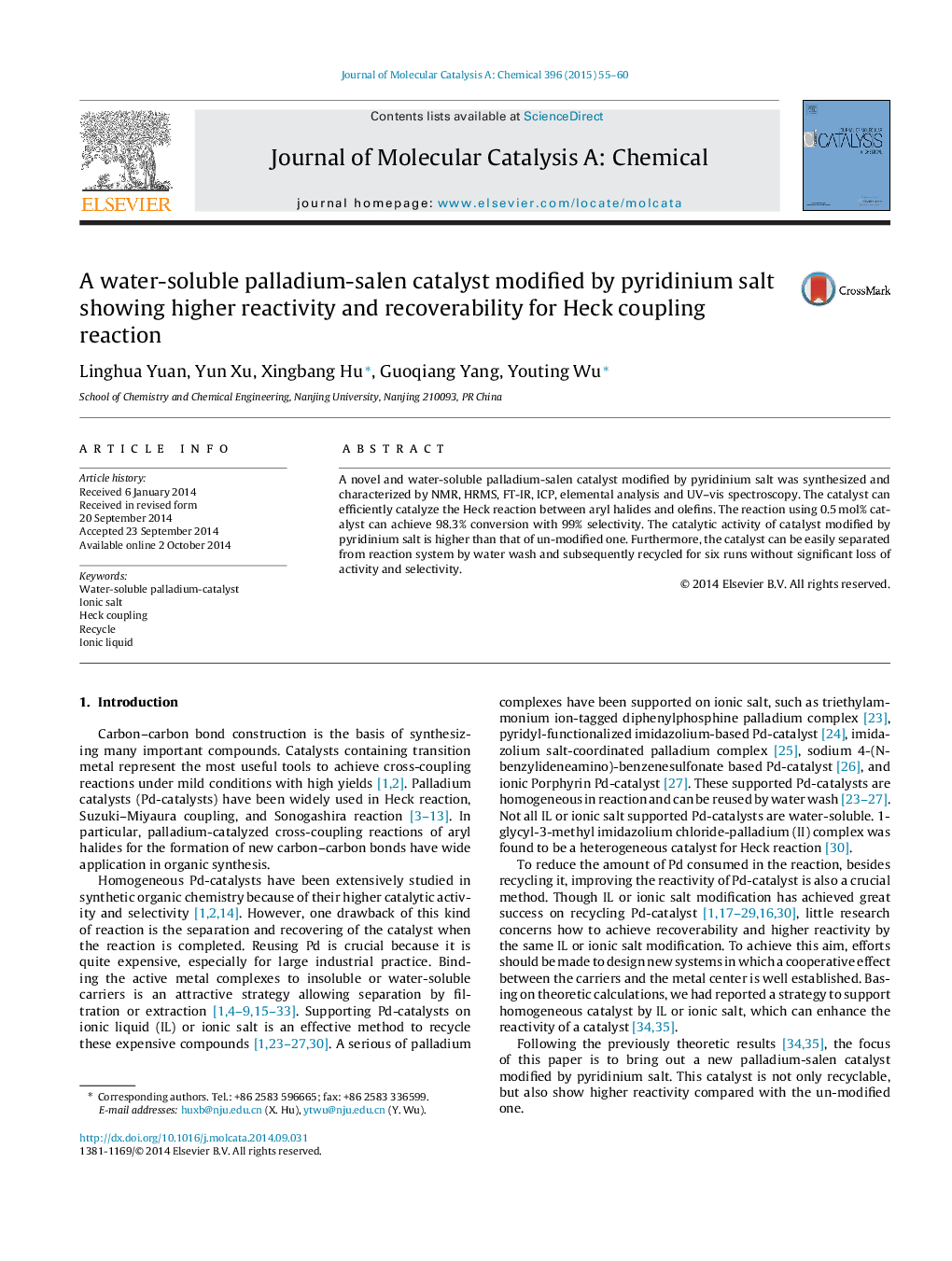 A water-soluble palladium-salen catalyst modified by pyridinium salt showing higher reactivity and recoverability for Heck coupling reaction