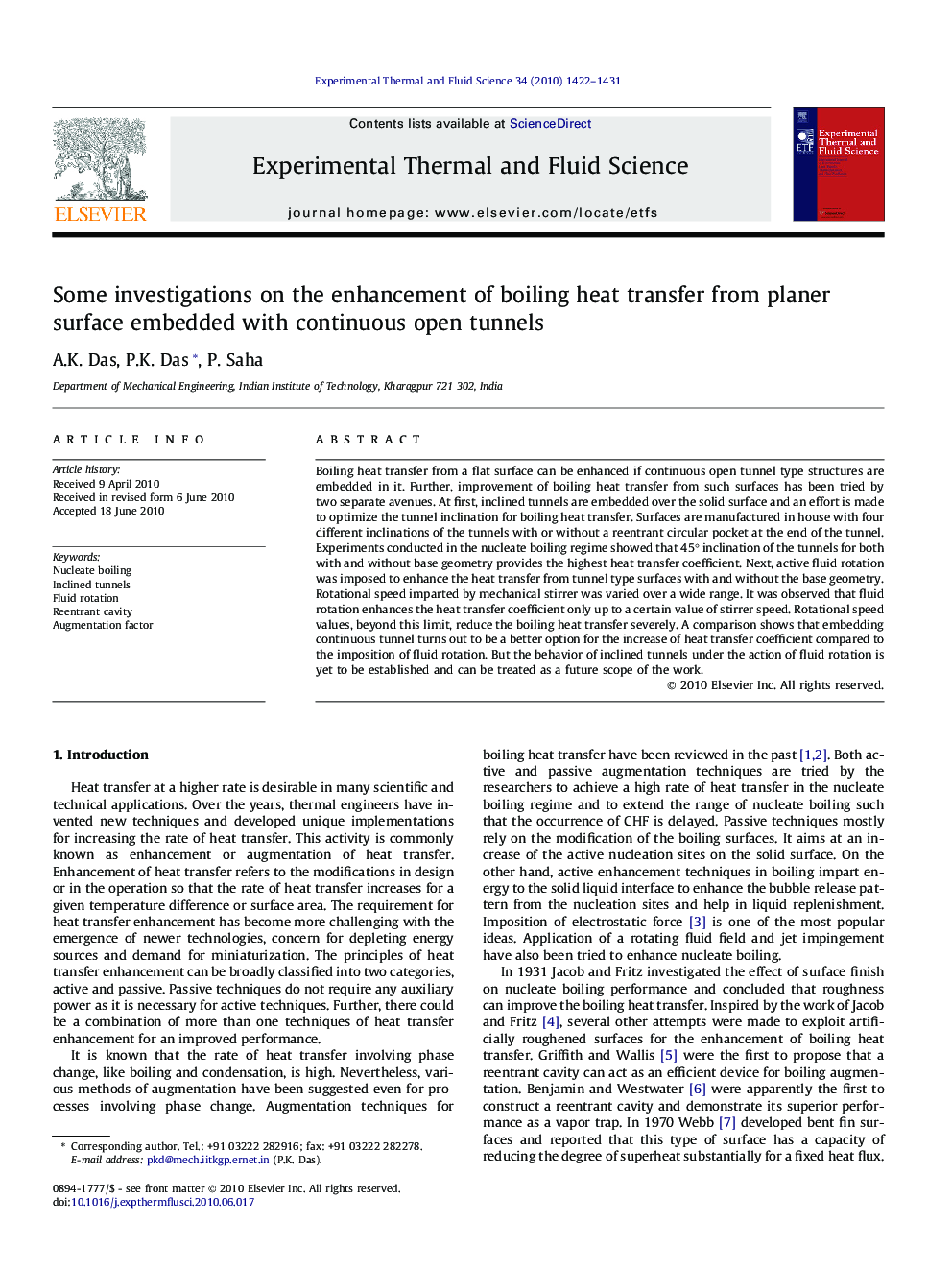 Some investigations on the enhancement of boiling heat transfer from planer surface embedded with continuous open tunnels