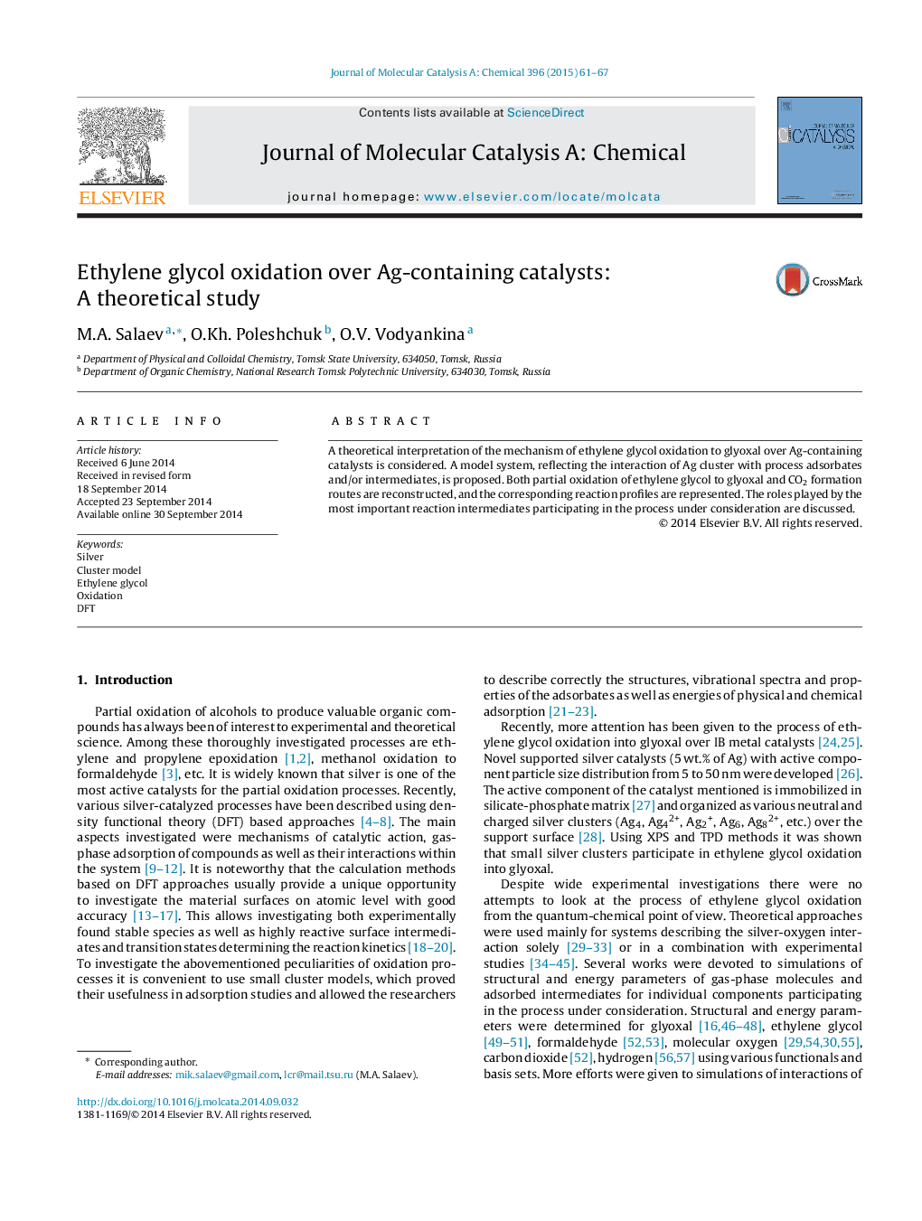 عکس صفحه اول مقاله: Ethylene glycol oxidation over Ag-containing catalysts: A theoretical study Ethylene glycol oxidation over Ag-containing catalysts: A theoretical study