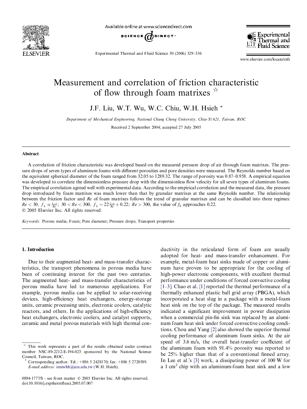 Measurement and correlation of friction characteristic of flow through foam matrixes 