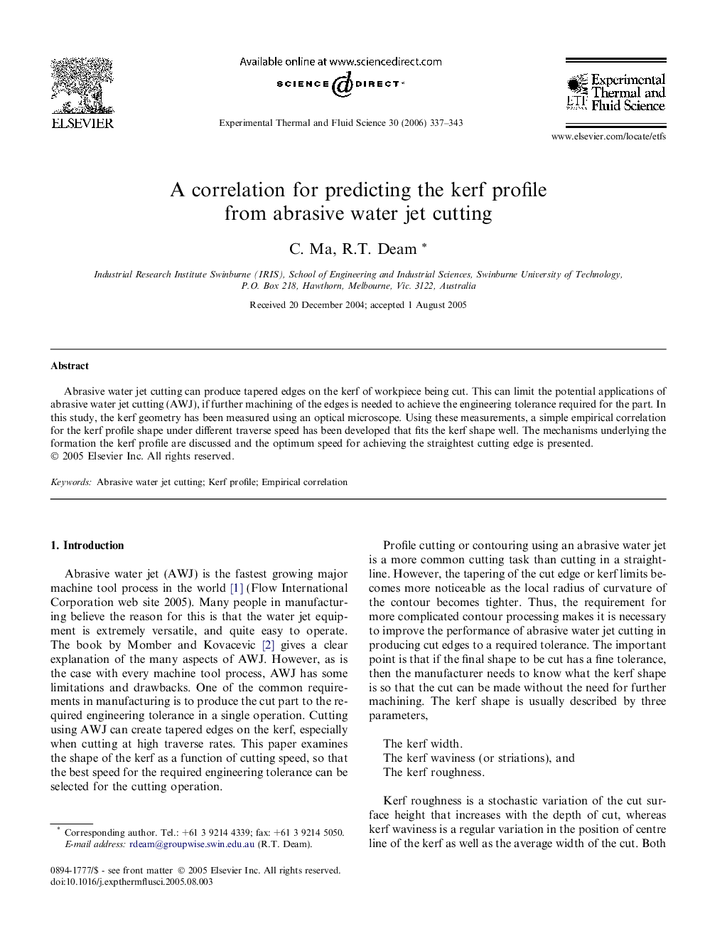 A correlation for predicting the kerf profile from abrasive water jet cutting