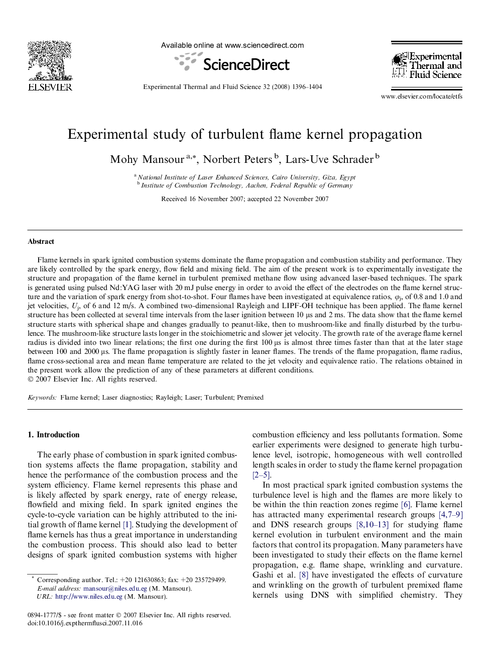 Experimental study of turbulent flame kernel propagation