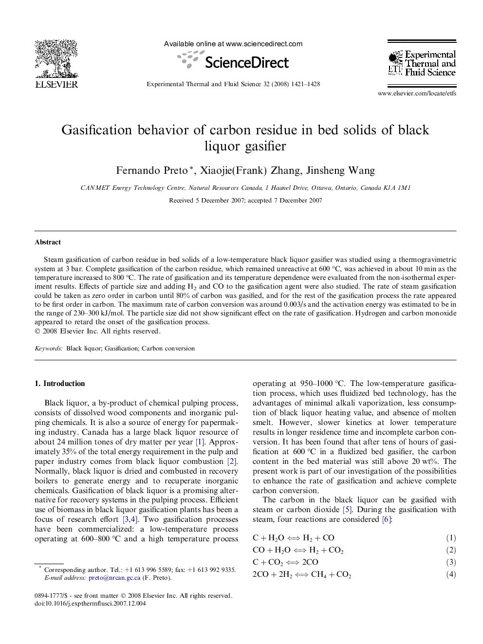 Gasification behavior of carbon residue in bed solids of black liquor gasifier