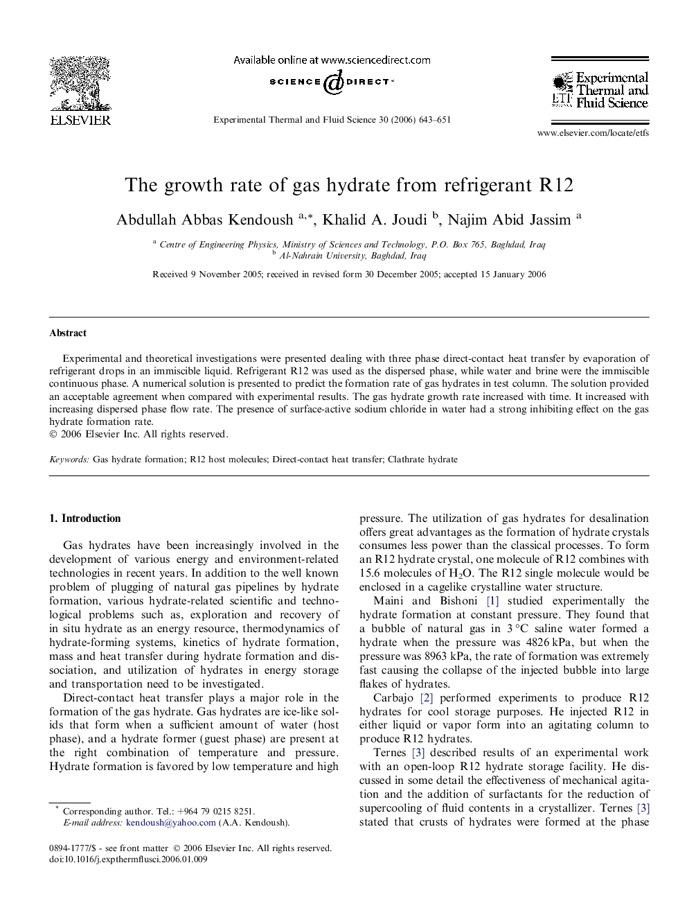 The growth rate of gas hydrate from refrigerant R12