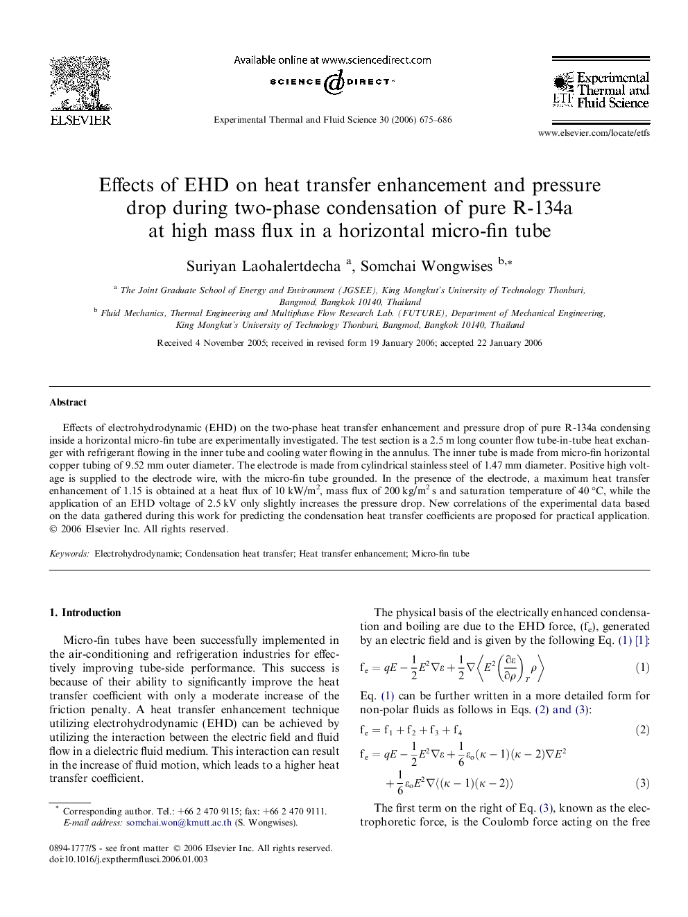 Effects of EHD on heat transfer enhancement and pressure drop during two-phase condensation of pure R-134a at high mass flux in a horizontal micro-fin tube