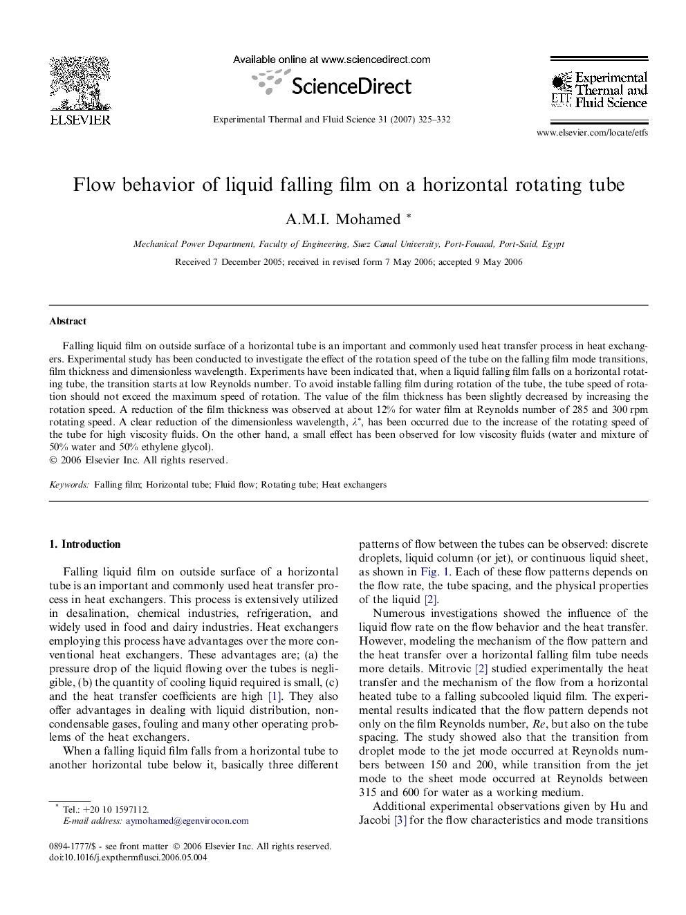 Flow behavior of liquid falling film on a horizontal rotating tube