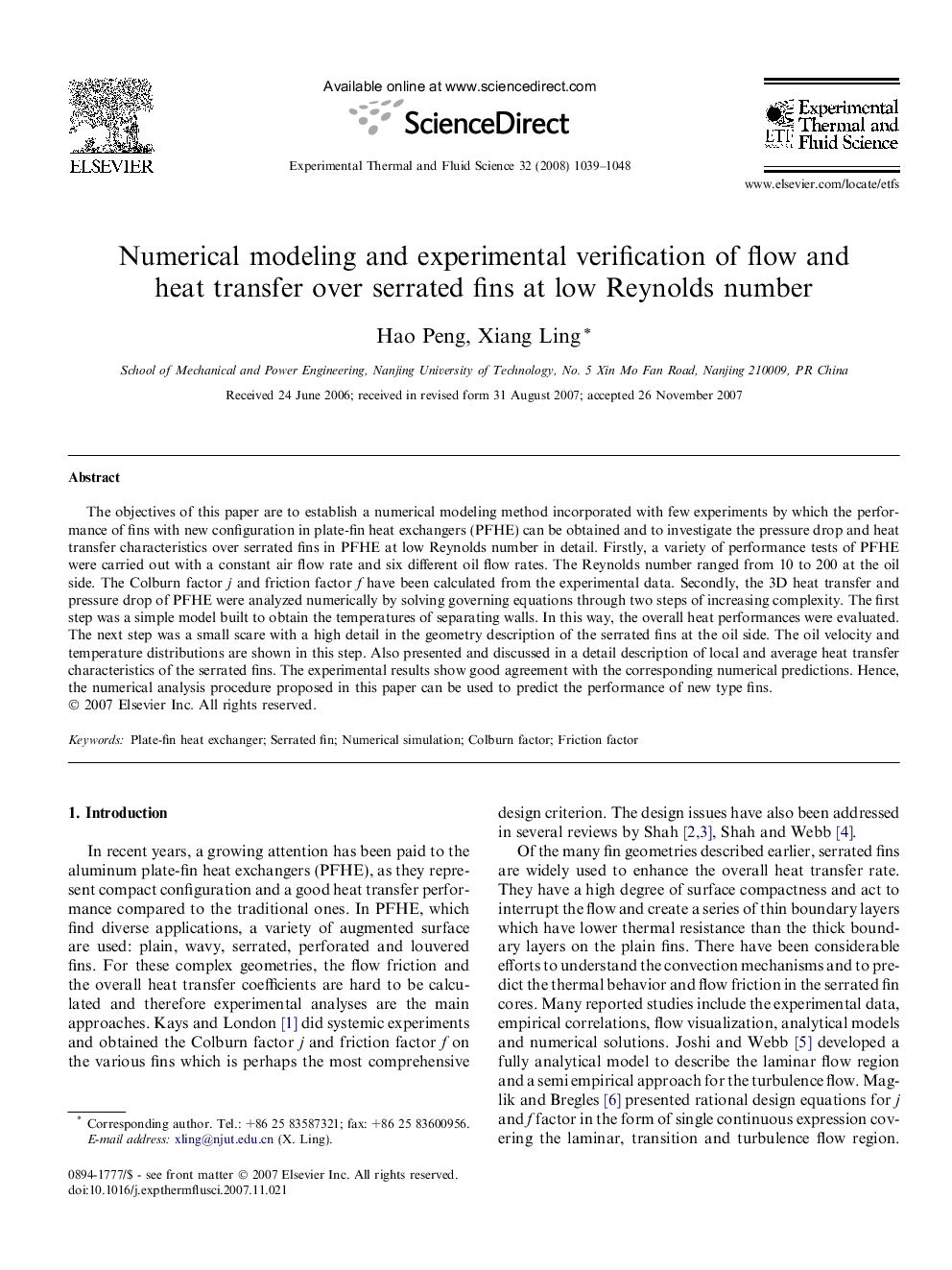 Numerical modeling and experimental verification of flow and heat transfer over serrated fins at low Reynolds number