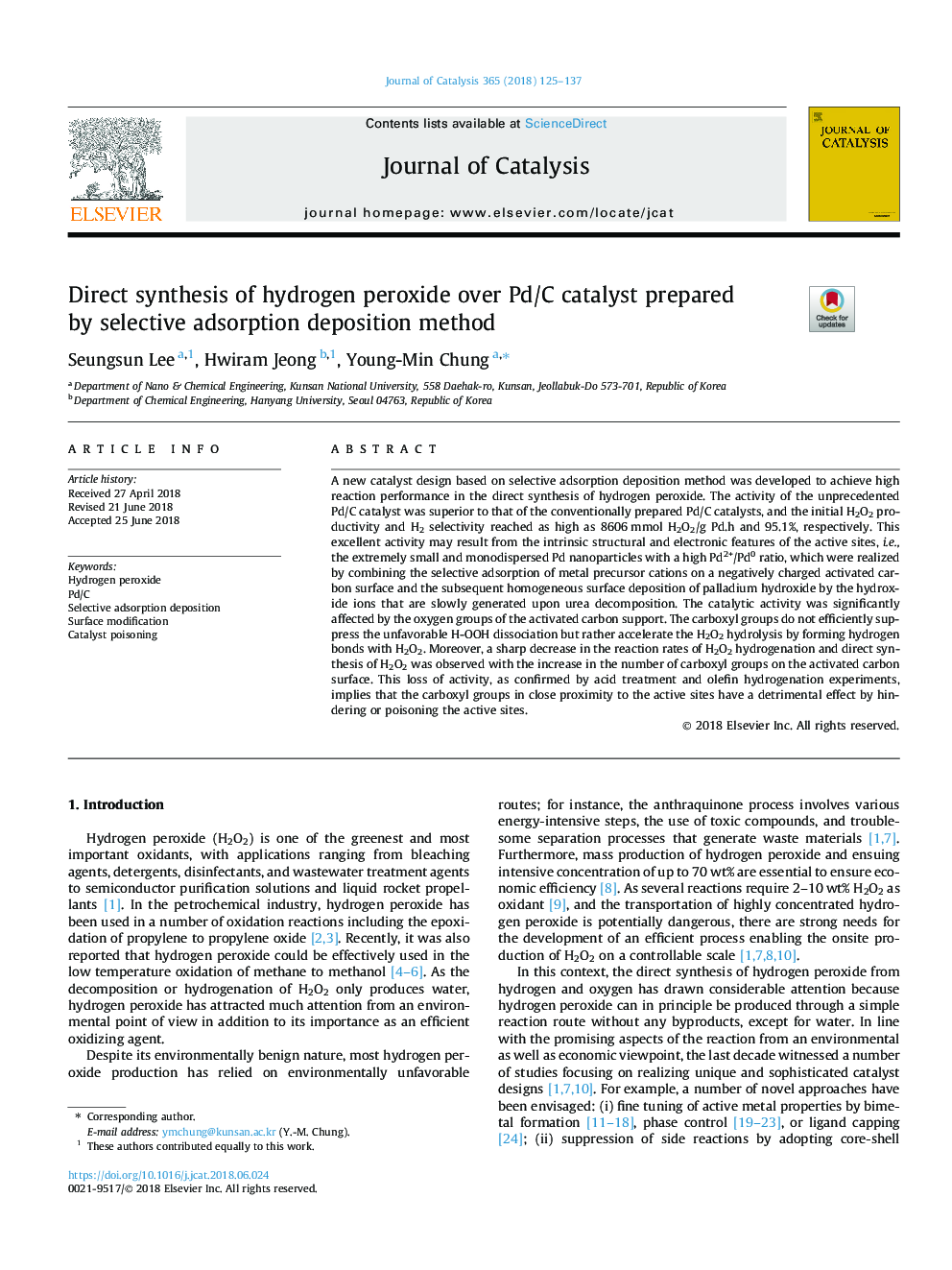 Direct synthesis of hydrogen peroxide over Pd/C catalyst prepared by selective adsorption deposition method