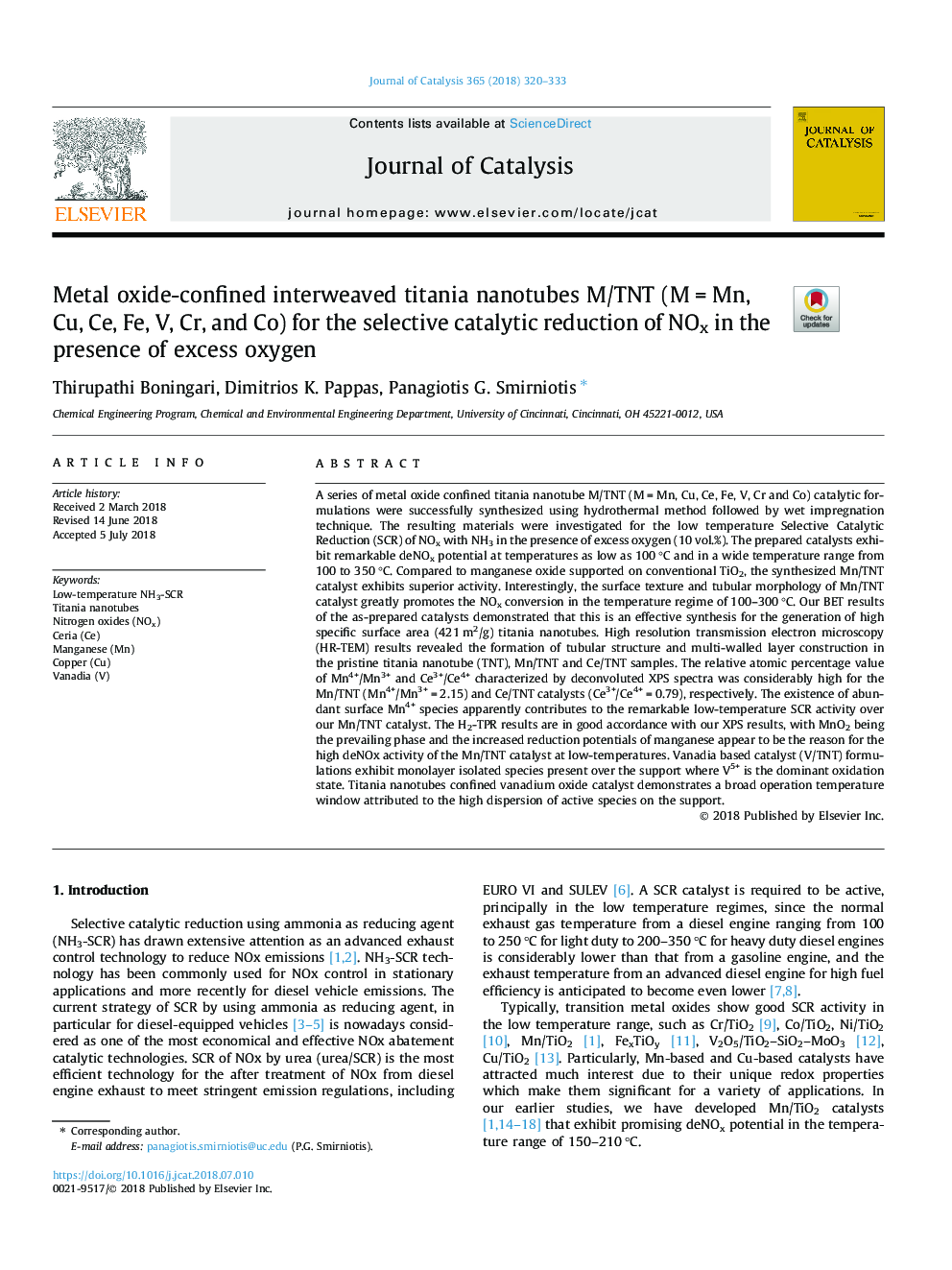 Metal oxide-confined interweaved titania nanotubes M/TNT (Mâ¯=â¯Mn, Cu, Ce, Fe, V, Cr, and Co) for the selective catalytic reduction of NOx in the presence of excess oxygen