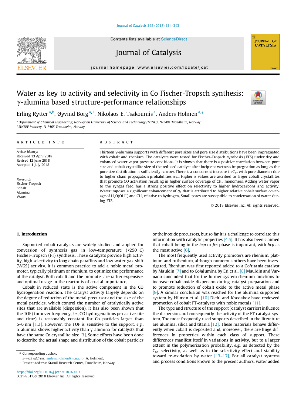 Water as key to activity and selectivity in Co Fischer-Tropsch synthesis: Î³-alumina based structure-performance relationships