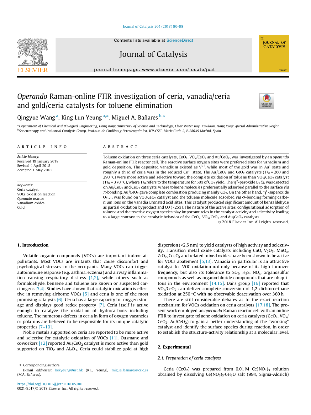 Operando Raman-online FTIR investigation of ceria, vanadia/ceria and gold/ceria catalysts for toluene elimination