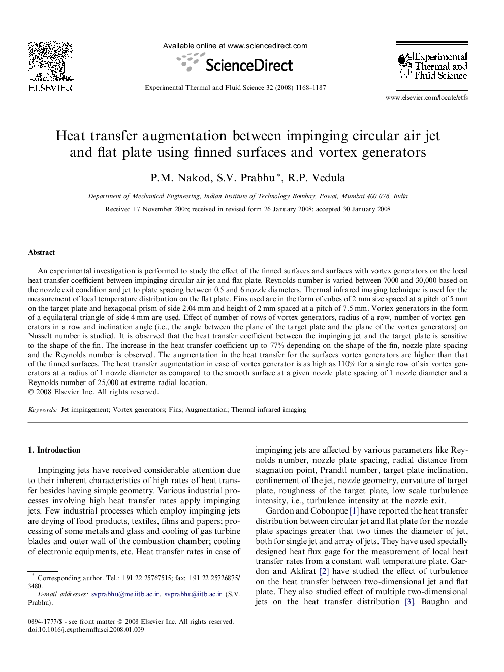 Heat transfer augmentation between impinging circular air jet and flat plate using finned surfaces and vortex generators
