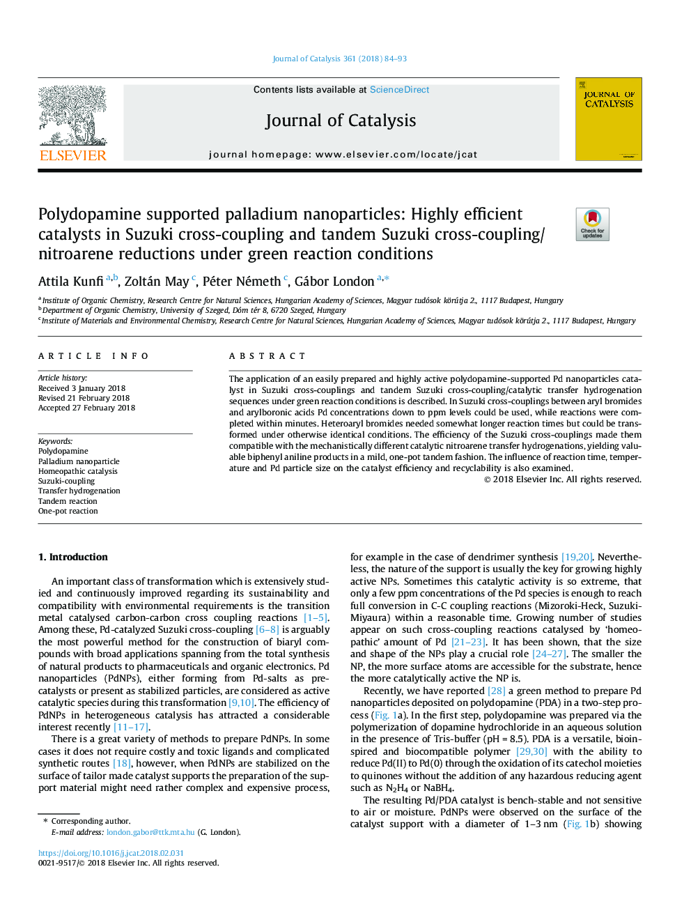 Polydopamine supported palladium nanoparticles: Highly efficient catalysts in Suzuki cross-coupling and tandem Suzuki cross-coupling/nitroarene reductions under green reaction conditions