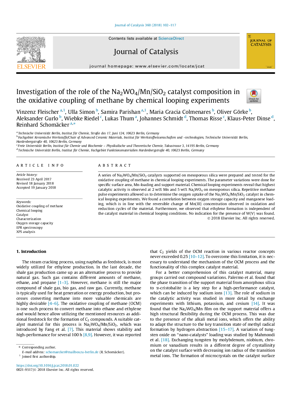 Investigation of the role of the Na2WO4/Mn/SiO2 catalyst composition in the oxidative coupling of methane by chemical looping experiments