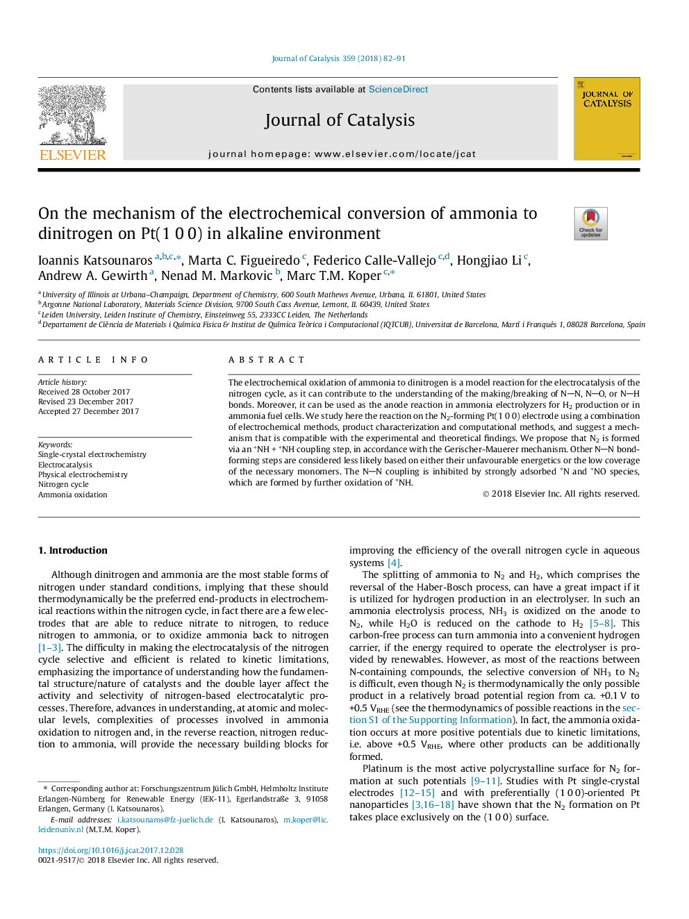 On the mechanism of the electrochemical conversion of ammonia to dinitrogen on Pt(1â¯0â¯0) in alkaline environment