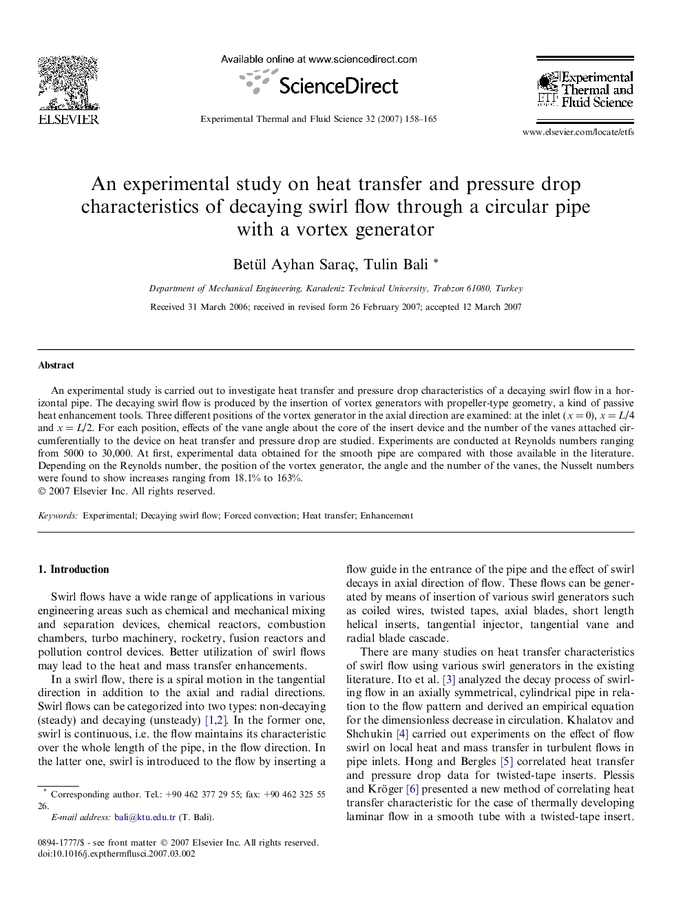 An experimental study on heat transfer and pressure drop characteristics of decaying swirl flow through a circular pipe with a vortex generator