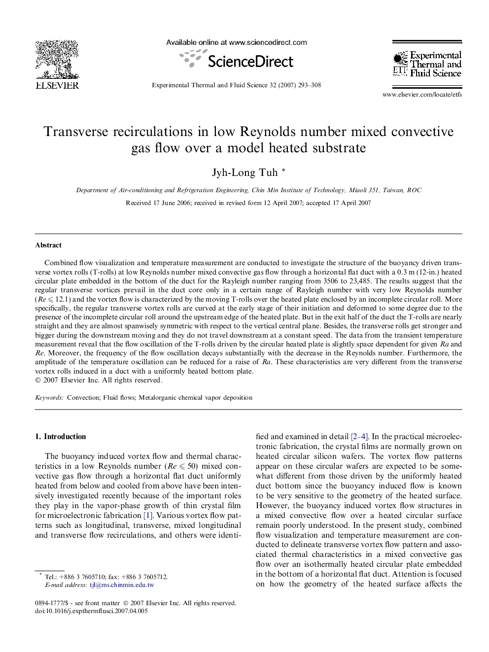 Transverse recirculations in low Reynolds number mixed convective gas flow over a model heated substrate