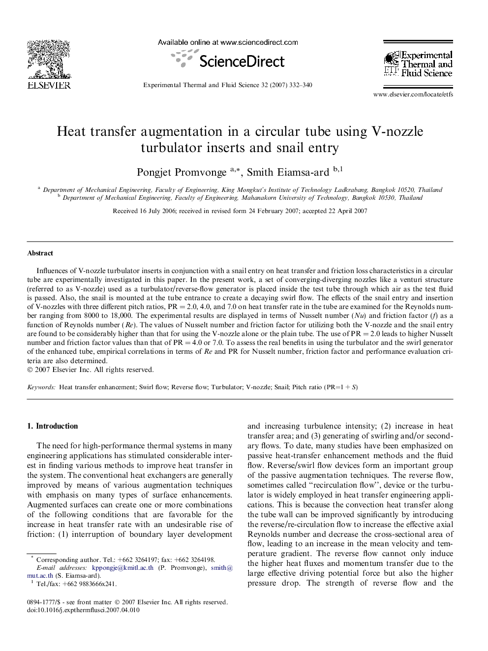 Heat transfer augmentation in a circular tube using V-nozzle turbulator inserts and snail entry