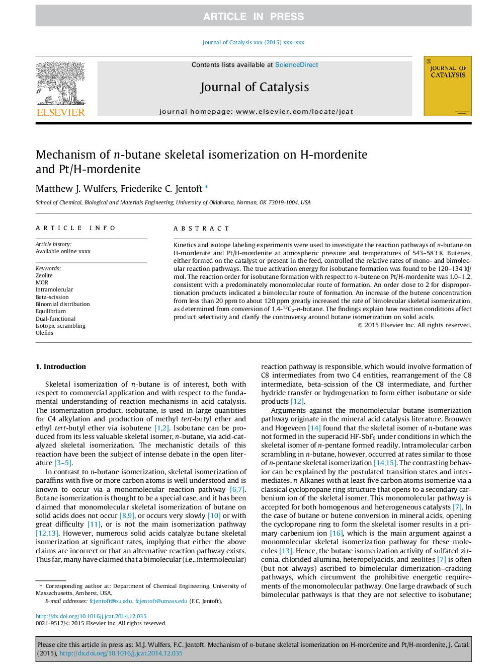 Mechanism of n-butane skeletal isomerization on H-mordenite and Pt/H-mordenite