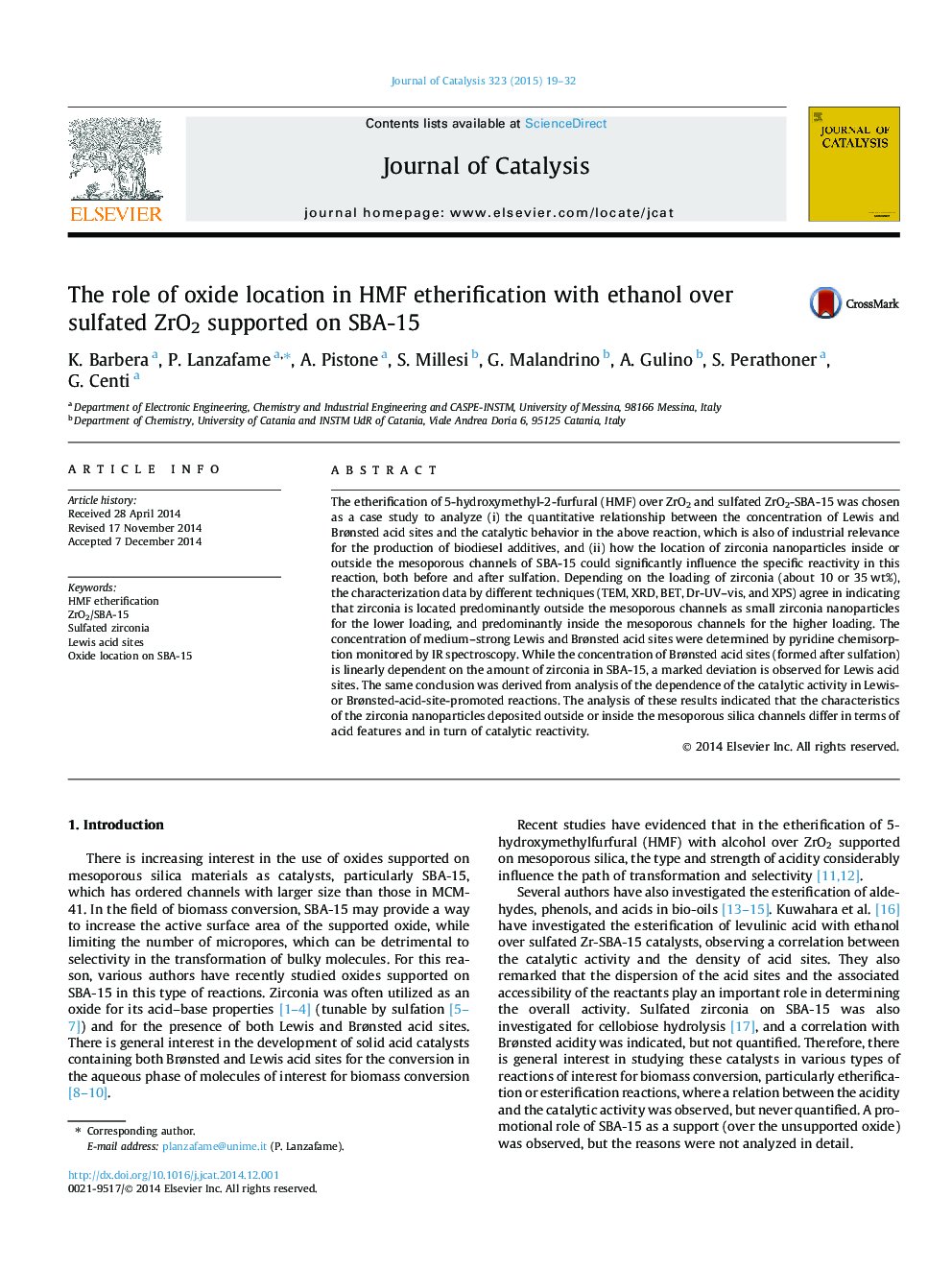 The role of oxide location in HMF etherification with ethanol over sulfated ZrO2 supported on SBA-15