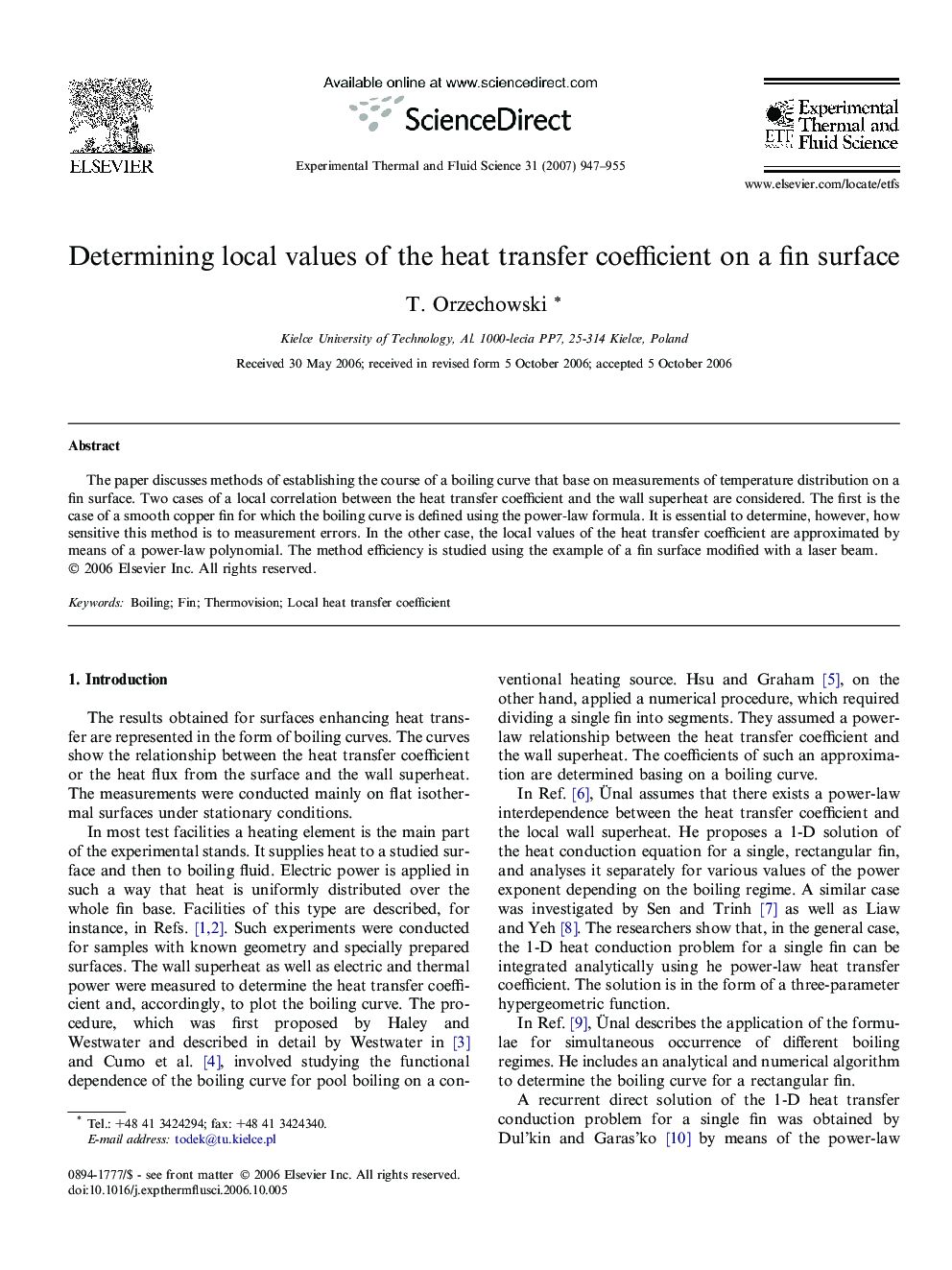 Determining local values of the heat transfer coefficient on a fin surface