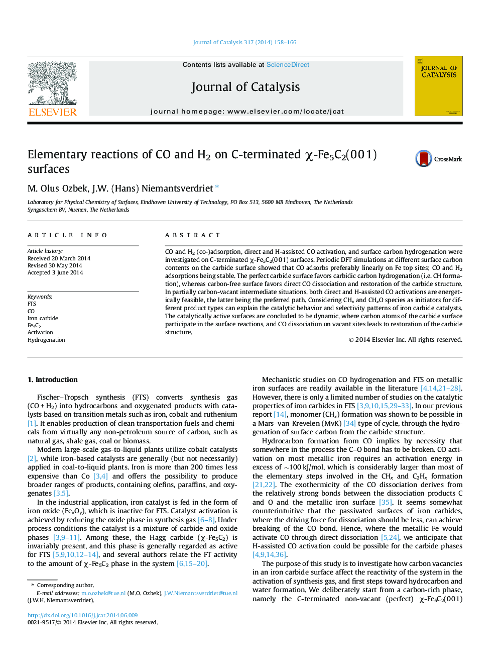 Elementary reactions of CO and H2 on C-terminated Ï-Fe5C2(0Â 0Â 1) surfaces