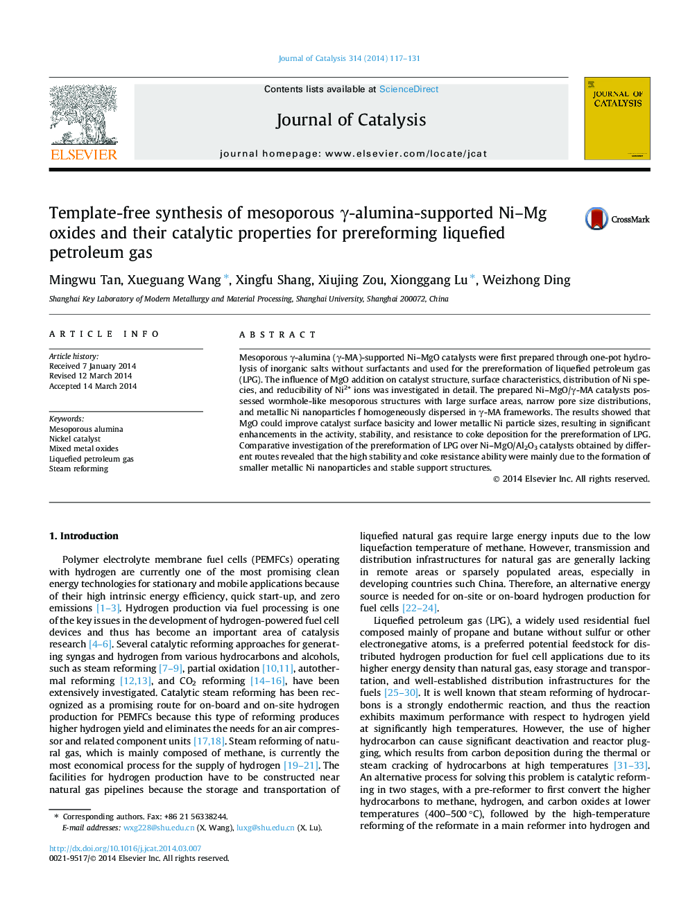 Template-free synthesis of mesoporous Î³-alumina-supported Ni-Mg oxides and their catalytic properties for prereforming liquefied petroleum gas