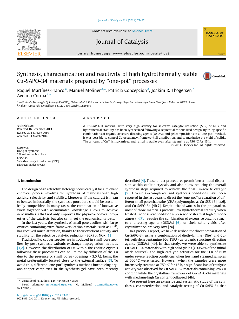 Synthesis, characterization and reactivity of high hydrothermally stable Cu-SAPO-34 materials prepared by “one-pot” processes