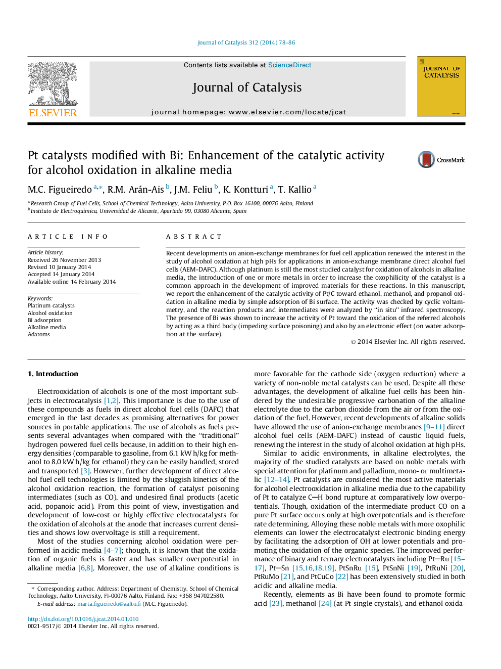 Pt catalysts modified with Bi: Enhancement of the catalytic activity for alcohol oxidation in alkaline media