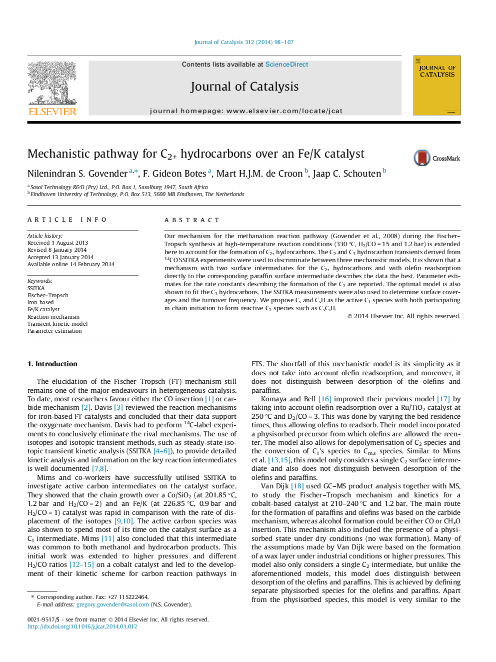 Mechanistic pathway for C2+ hydrocarbons over an Fe/K catalyst