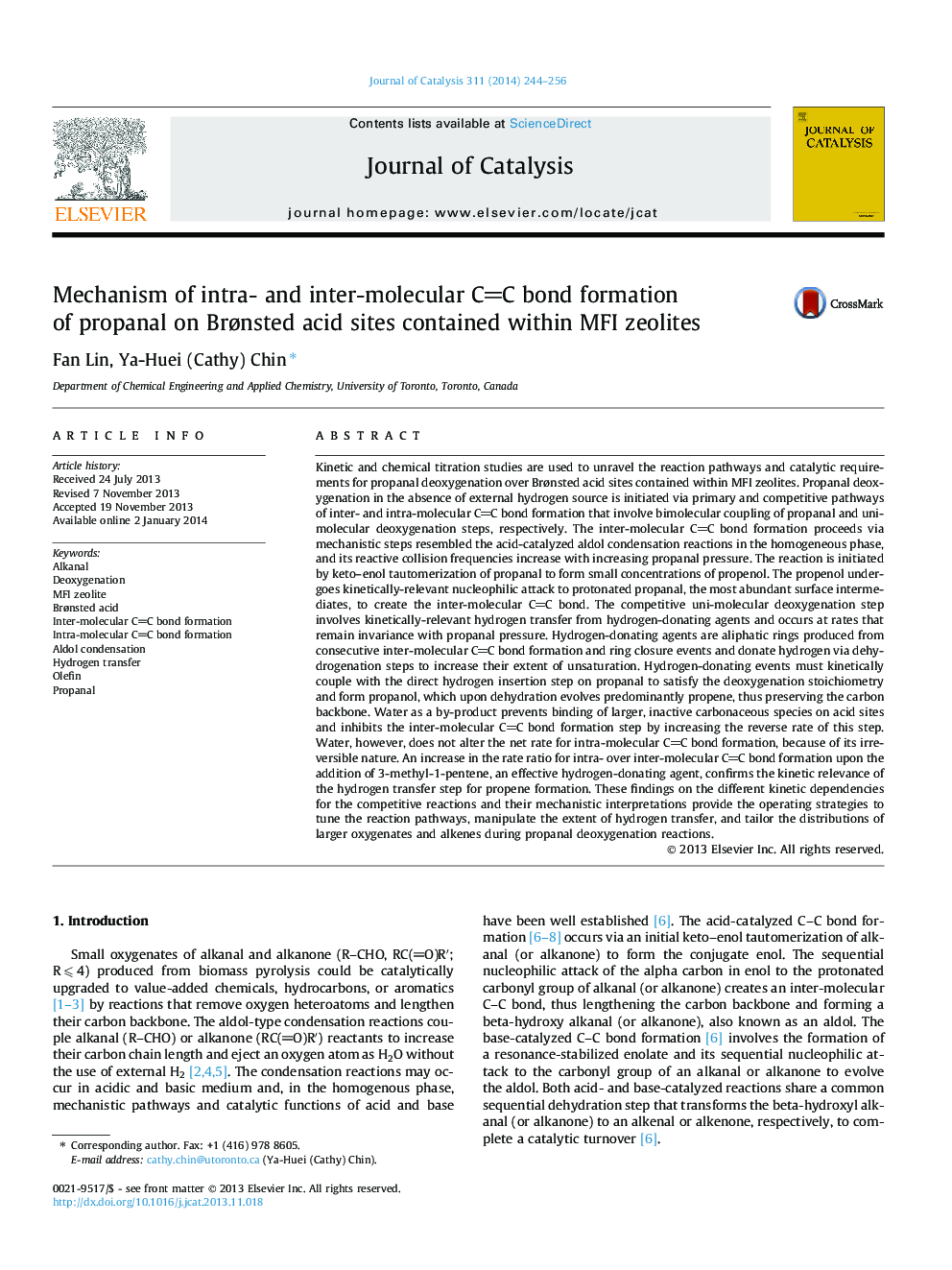 Mechanism of intra- and inter-molecular CC bond formation of propanal on BrÃ¸nsted acid sites contained within MFI zeolites